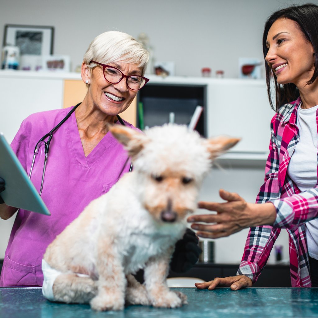 Mother and daughter with their family dog at North Davies Veterinary Hospital